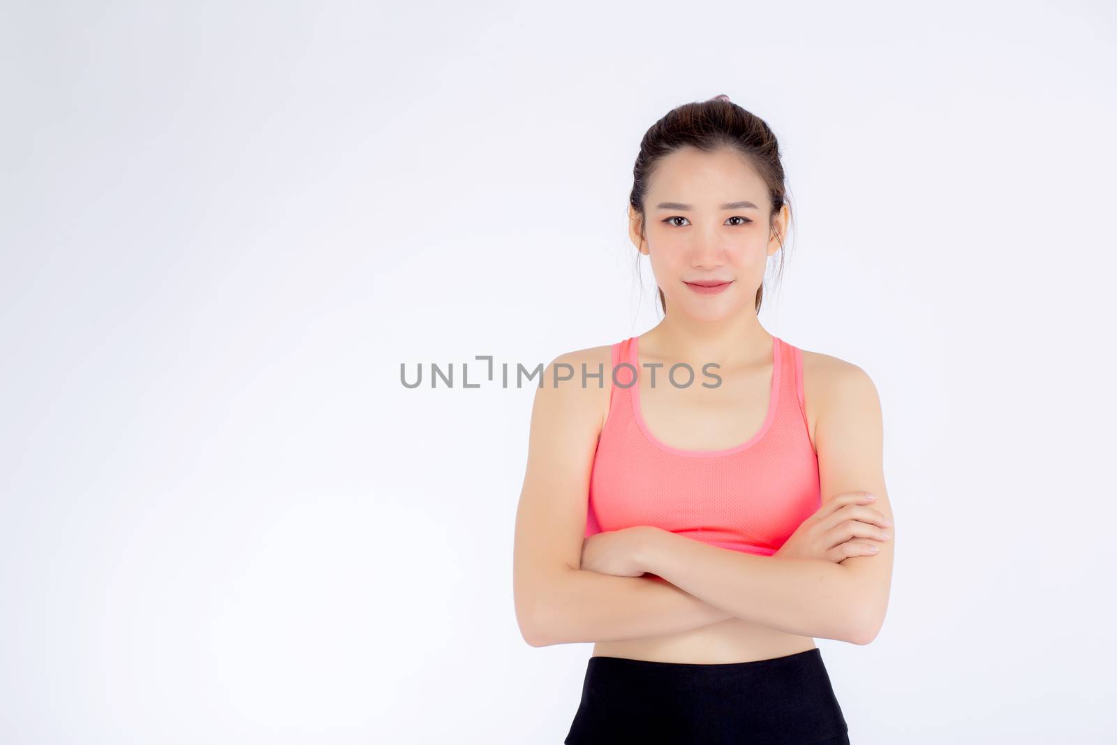 Beautiful portrait young asian woman in sport clothing with satisfied and confident isolated on white background, girl asia have shape and wellness, exercise for fit with health concept.