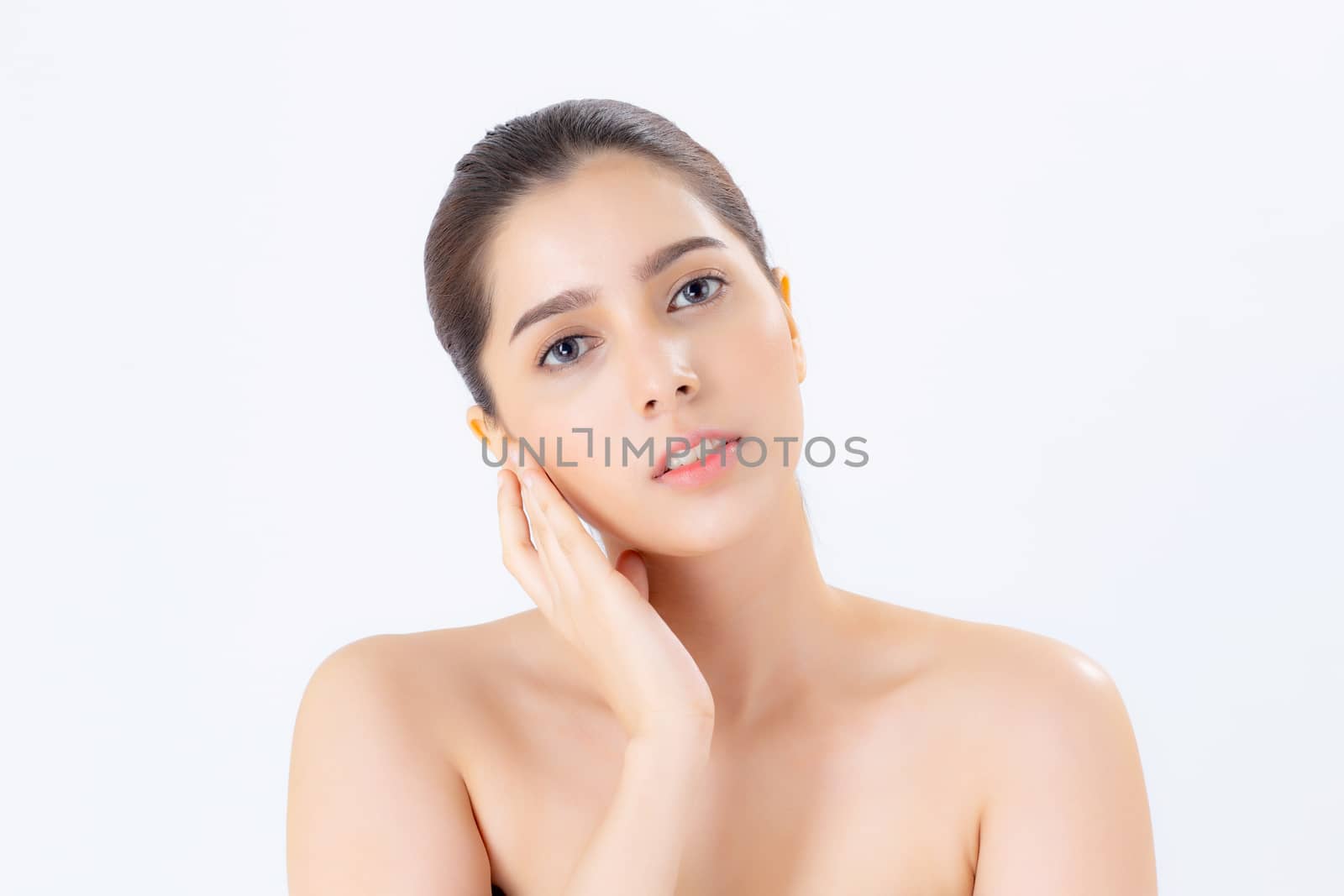 Portrait of beautiful woman asian makeup of cosmetic, girl hand touch cheek and smile attractive, face of beauty perfect with wellness isolated on white background with skin healthcare concept.