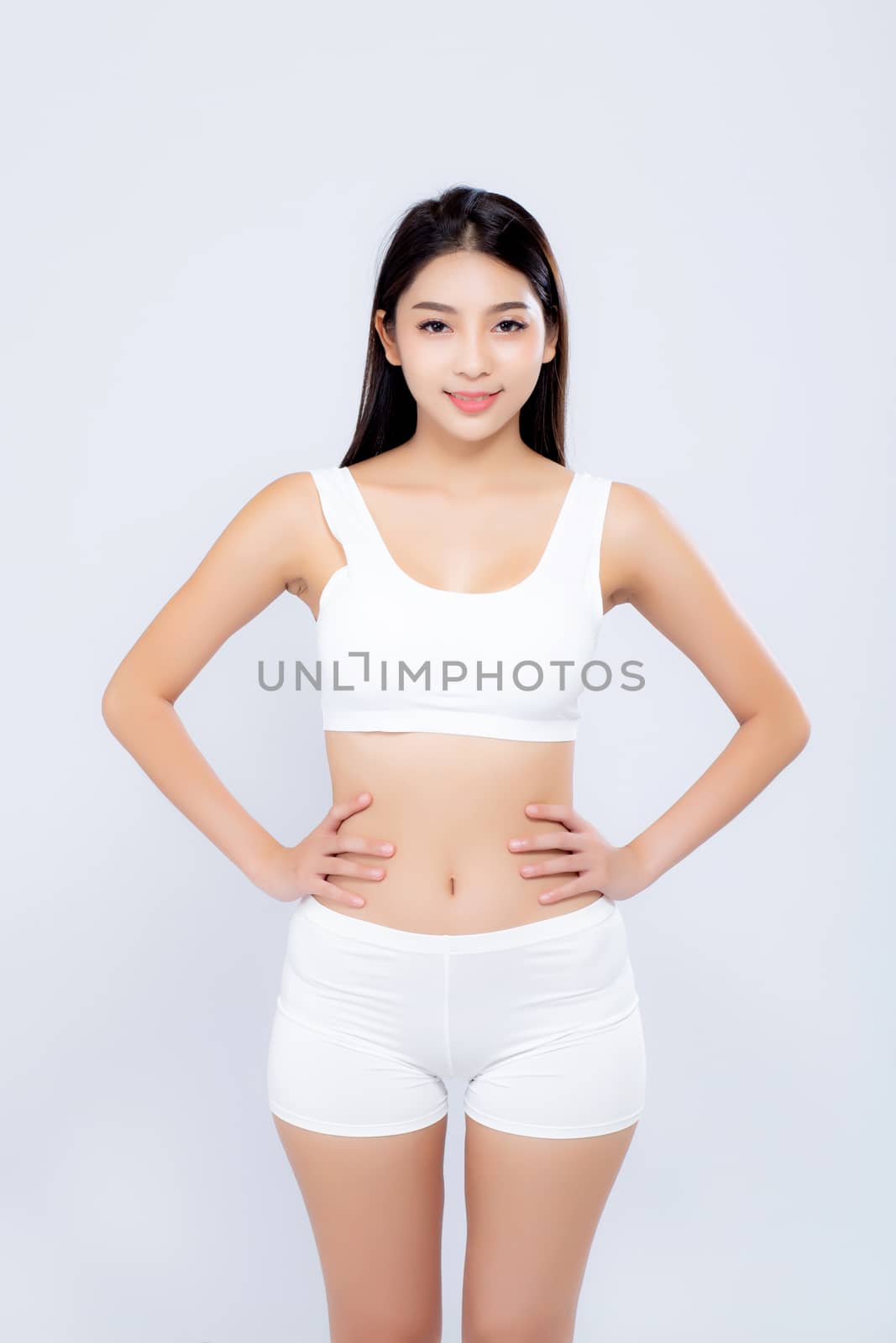 Portrait young asian woman smiling beautiful body diet with fit isolated on white background, model girl weight slim with cellulite or calories, health and wellness concept.