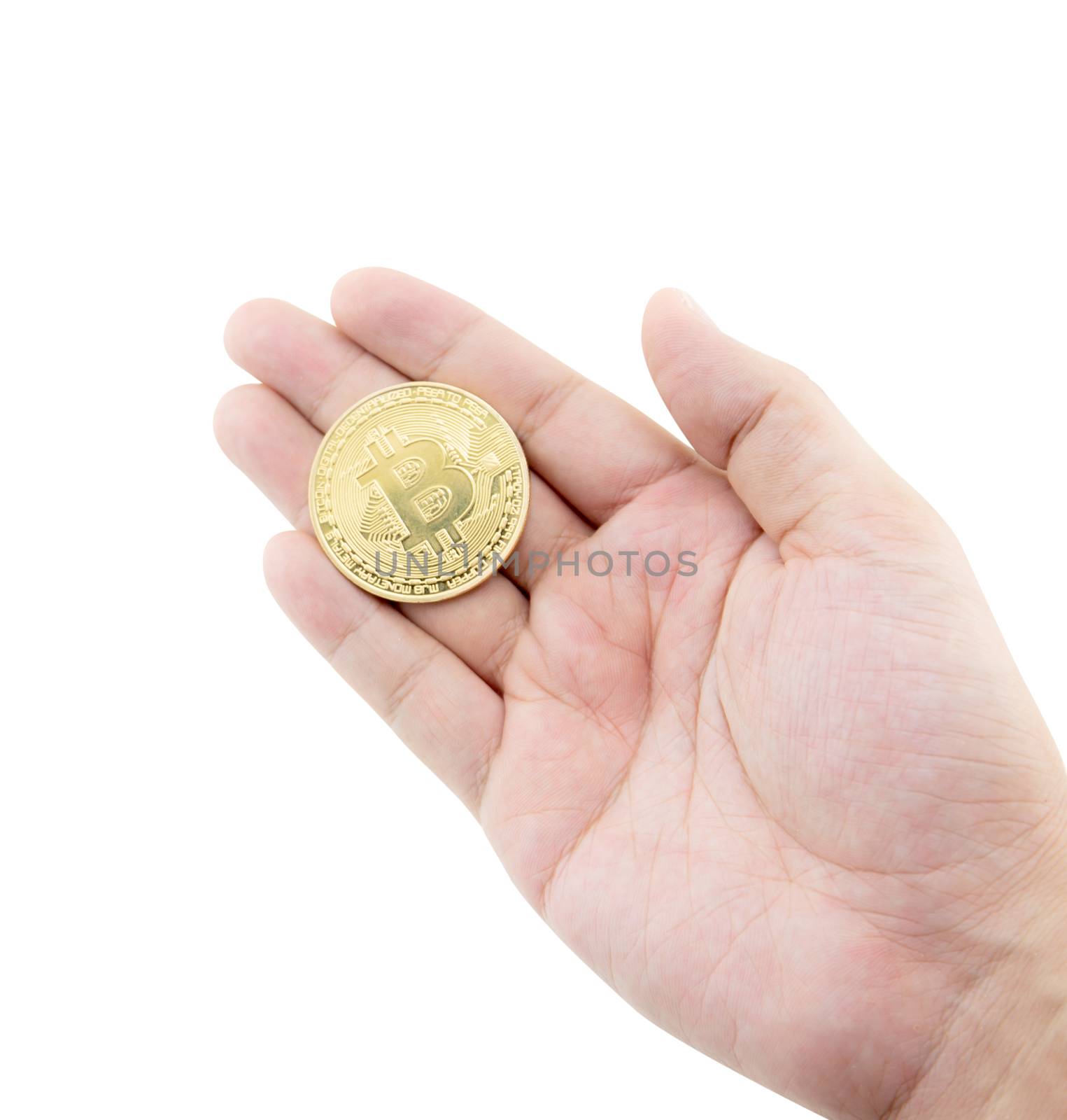 Closeup hand holding gold bitcoin isolated on white background,  by nnudoo
