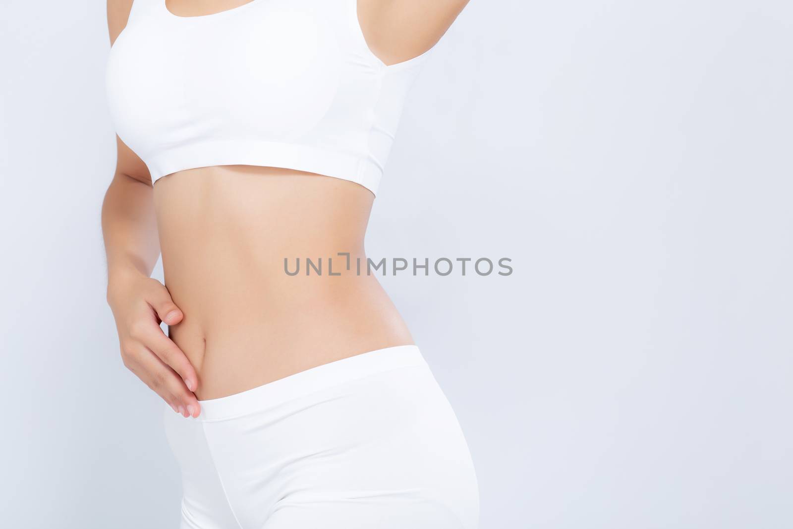 Closeup asian woman beautiful body diet with fit isolated on white background, model girl weight slim with cellulite or calories, health and wellness concept.
