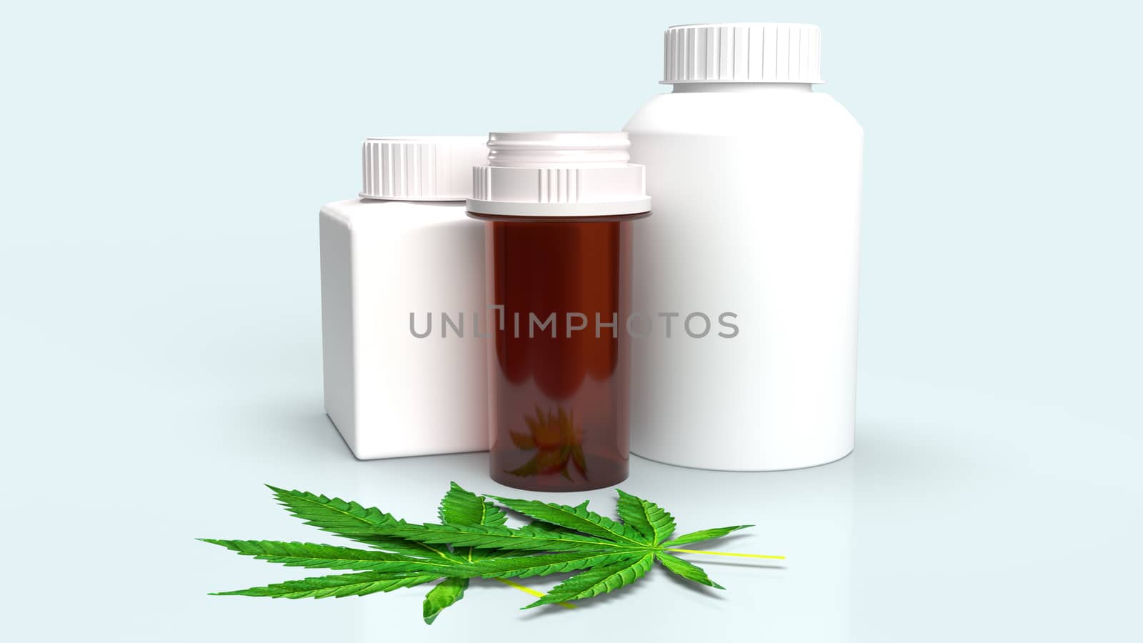 Marijuana leaf  and Medicine bottle for medical content 3d rendering.
