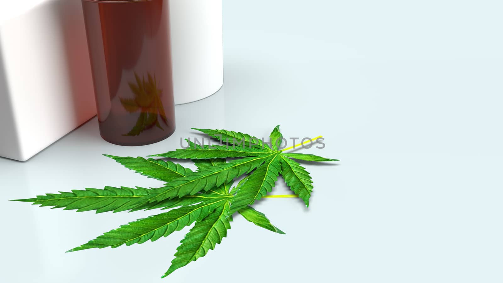 Marijuana leaf  and Medicine bottle for medical content 3d rendering.
