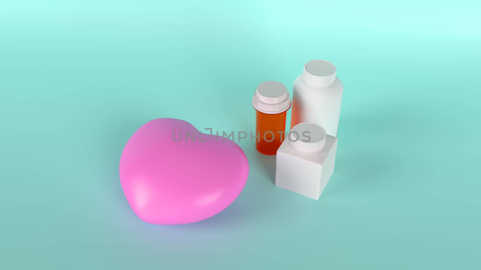 pink heart  and Medicine bottle for health content 3d rendering.