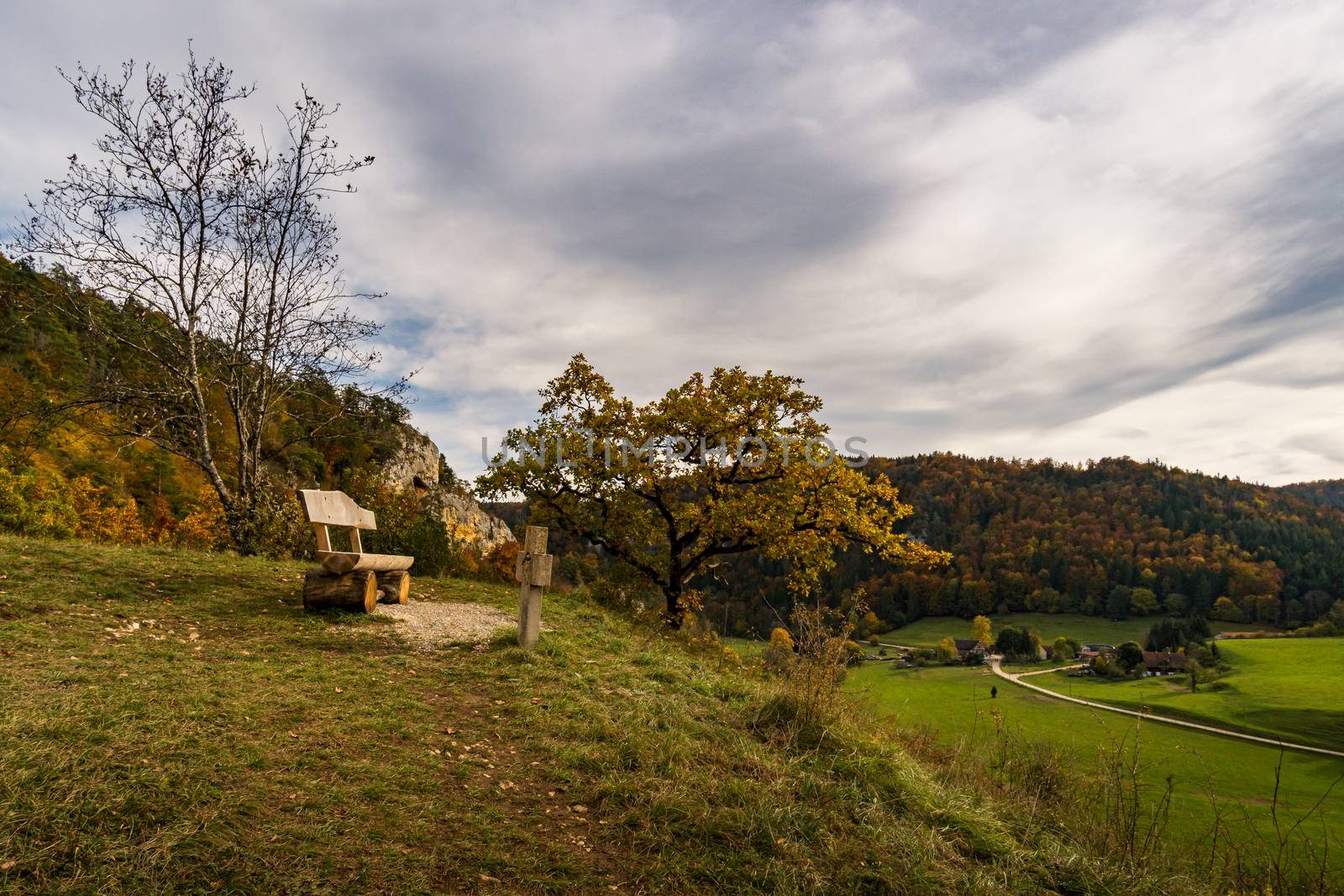 Fantastic vantage point on the Lugen in the colorful Danube Valley in autumn near Beuron in the Sigmaringen district