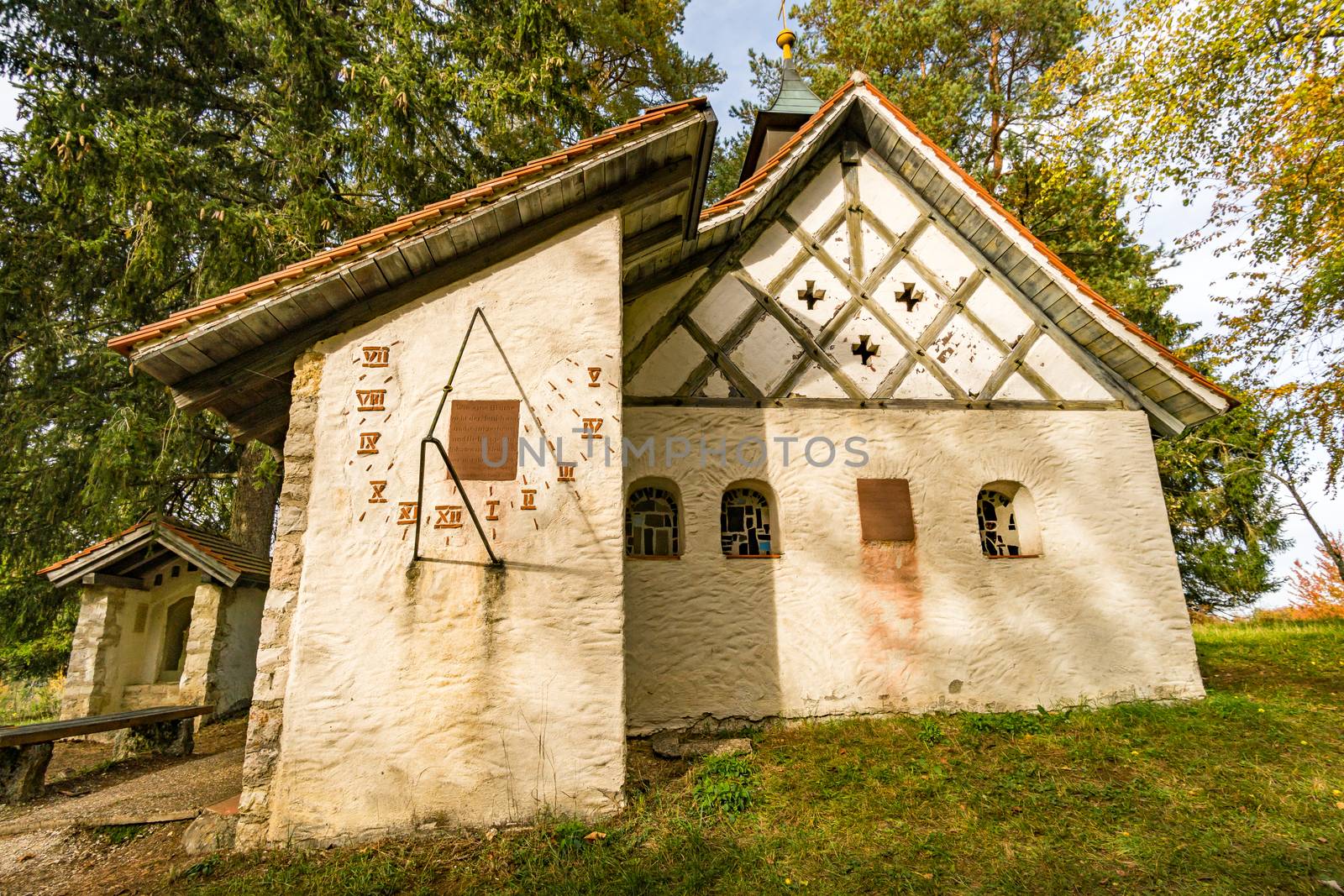 Trinity Chapel on the hiking trail in the Danube Valley in colorful autumn near Beuron in the Sigmaringen district