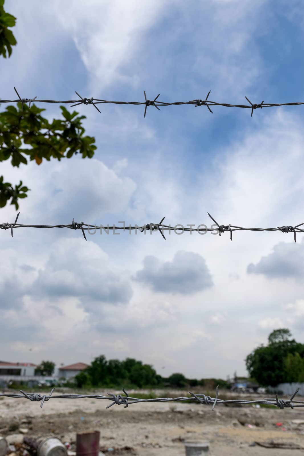 wire with clusters of short, sharp spikes set at intervals along it, used to make fences or in warfare as an obstruction.