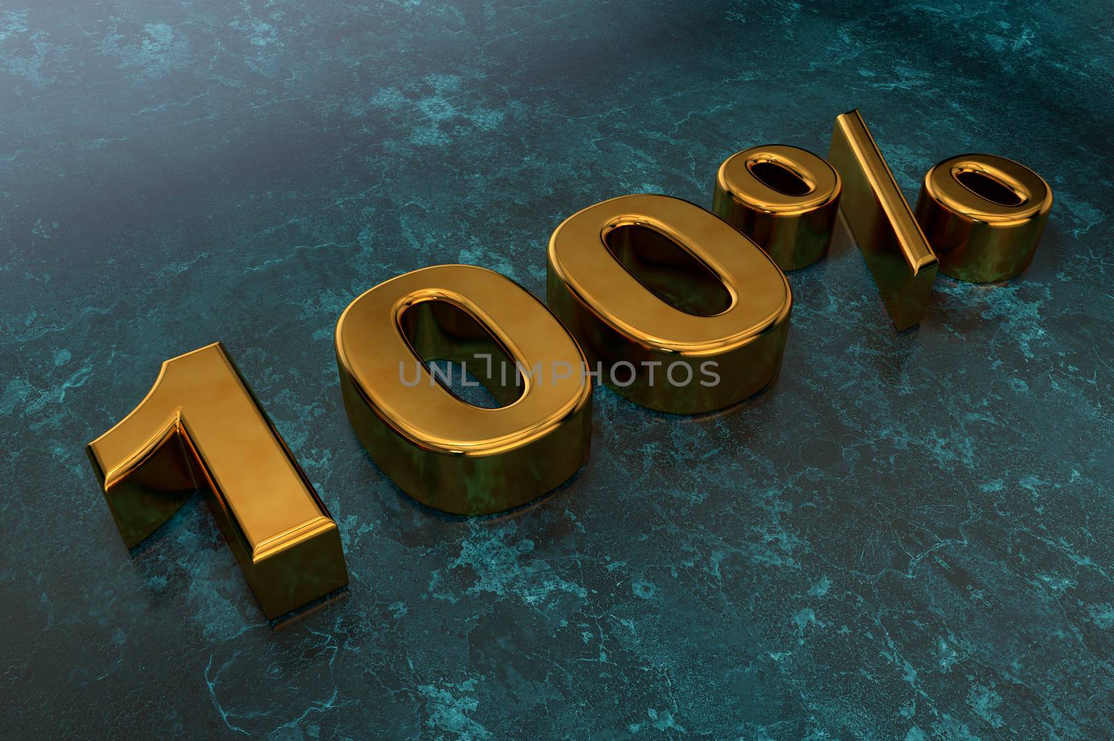 3D golden number one hundred percent on dark and smooth surface
