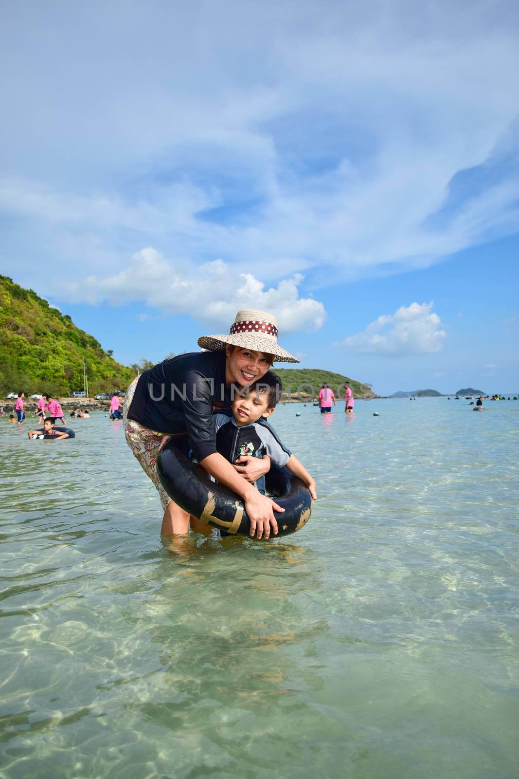 Rayong,Thailand,May5th,2014:The boys are happy and fun to see the ocean for the first time.