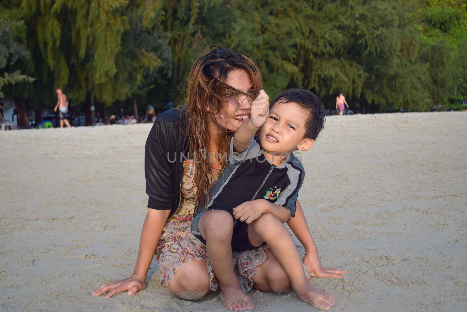 Rayong,Thailand,May5th,2014:The boys are happy and fun to see the ocean for the first time.