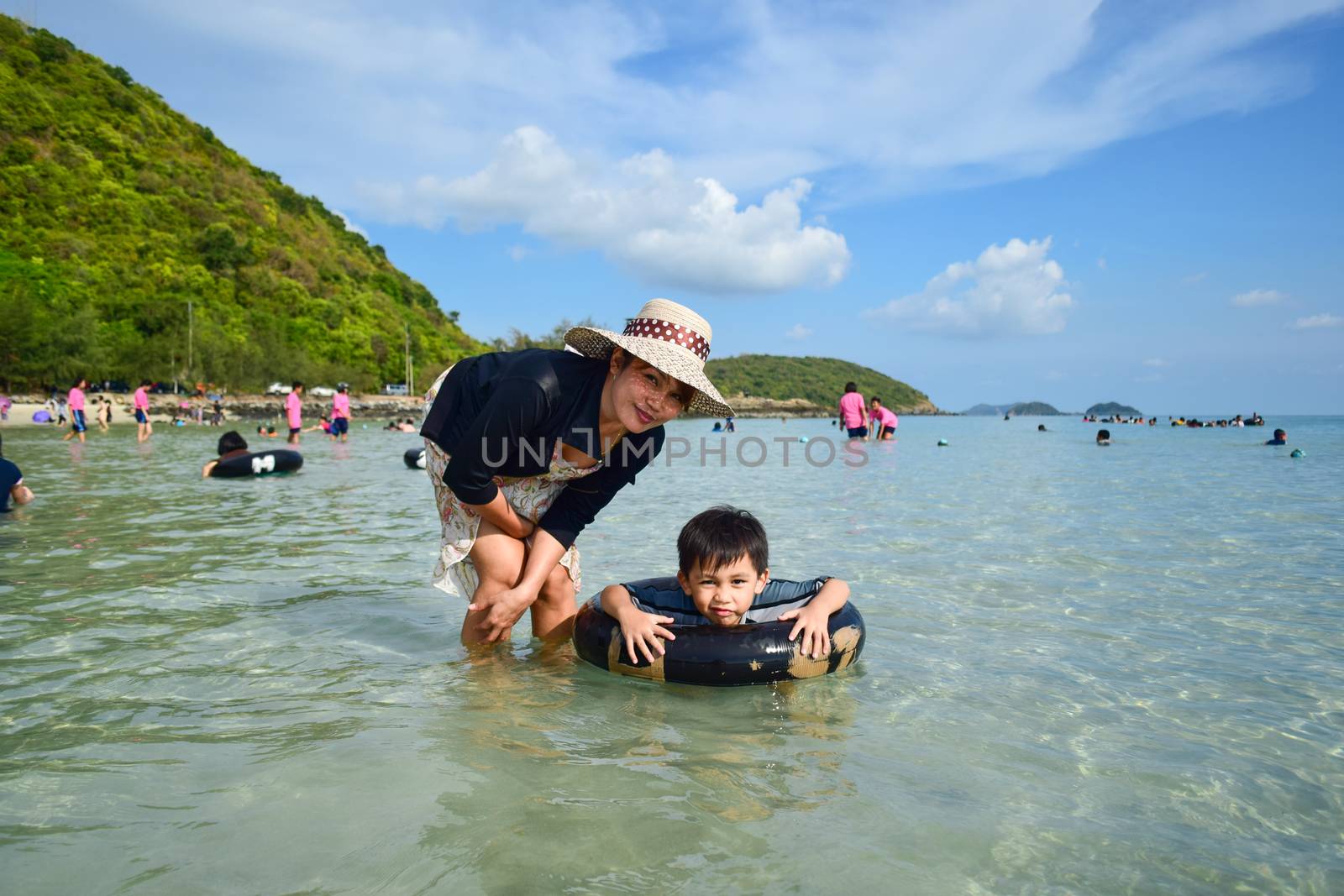 Rayong,Thailand,May5th,2014:The boys are happy and fun to see the ocean for the first time.