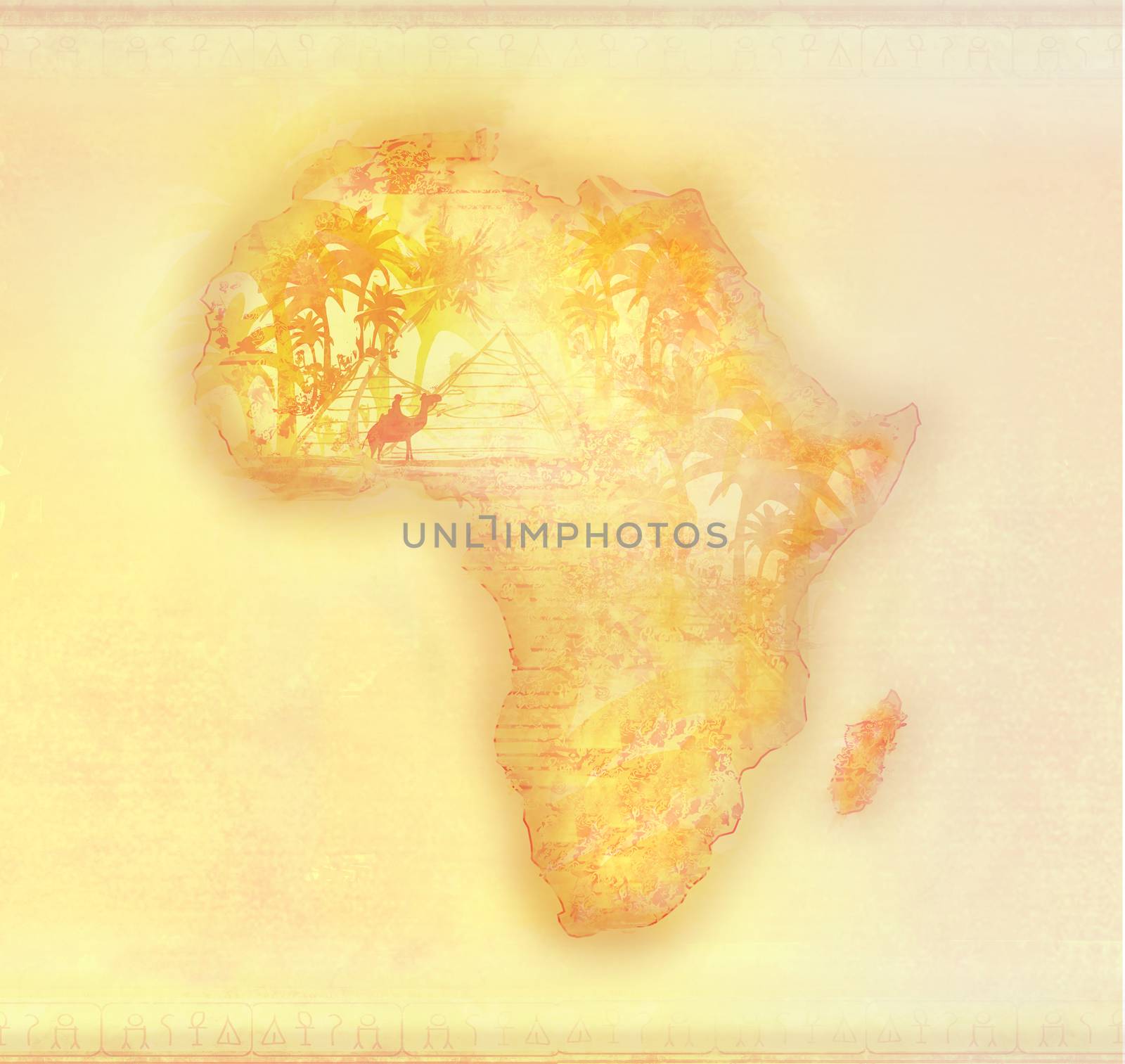 grunge brown Map of Africa, pyramids, camel and palm trees by JackyBrown