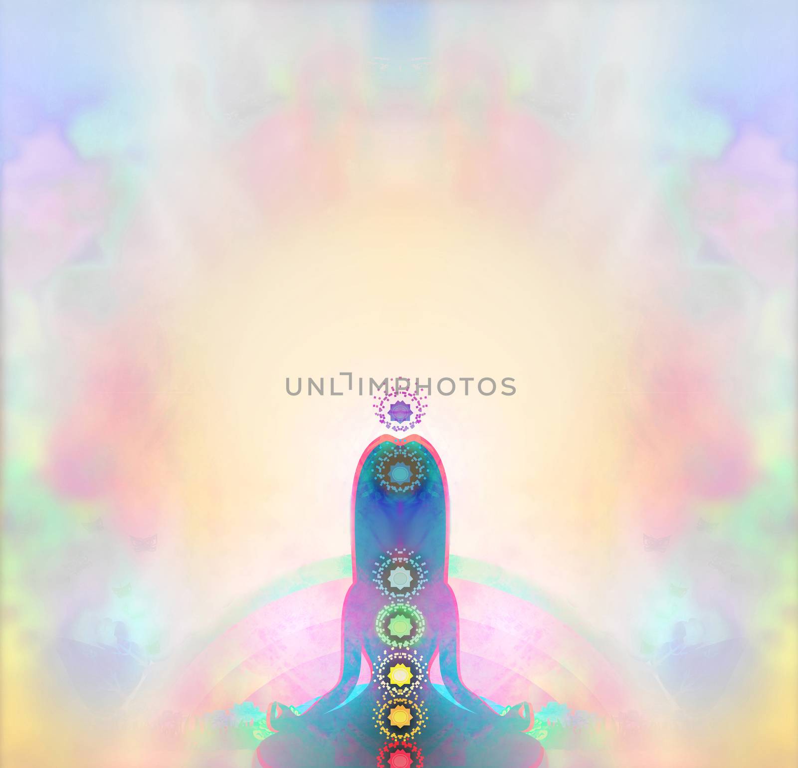 Yoga lotus pose. Padmasana with colored chakra points.