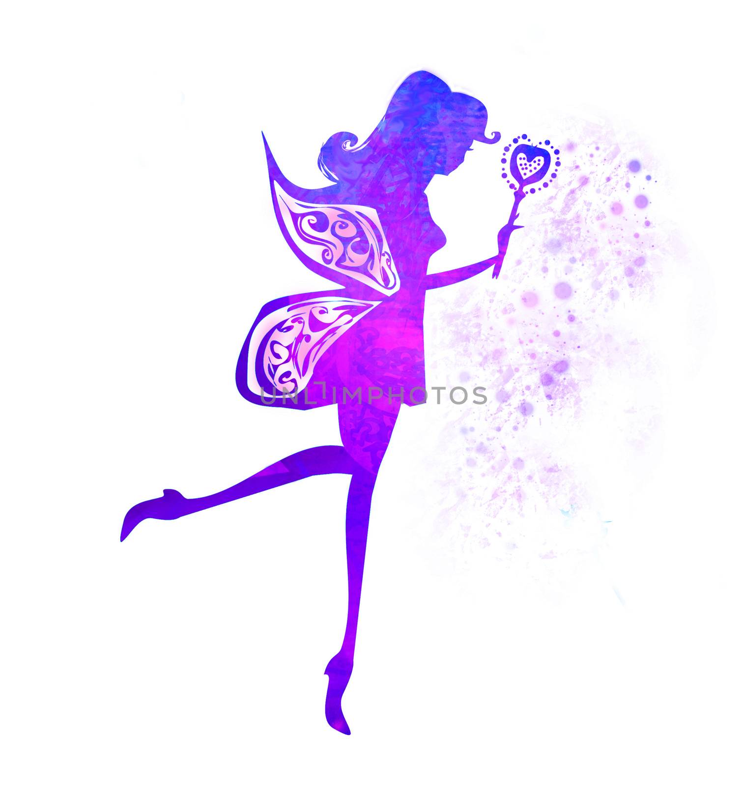 flying fairy with magic wand - isolated illustration, colorful silhouette