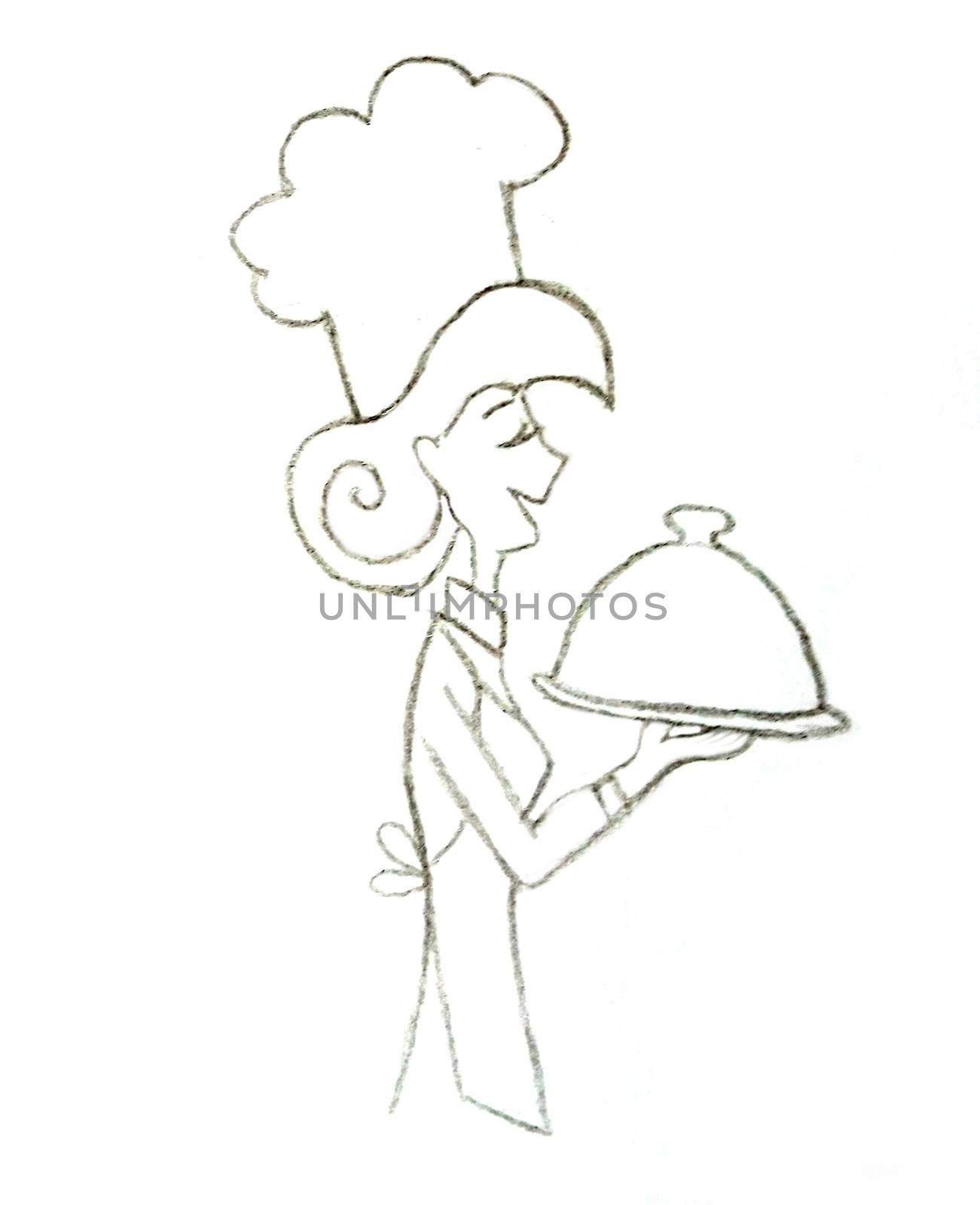 Cartoon Waitress Holding a Dish - isolated doodle illustration