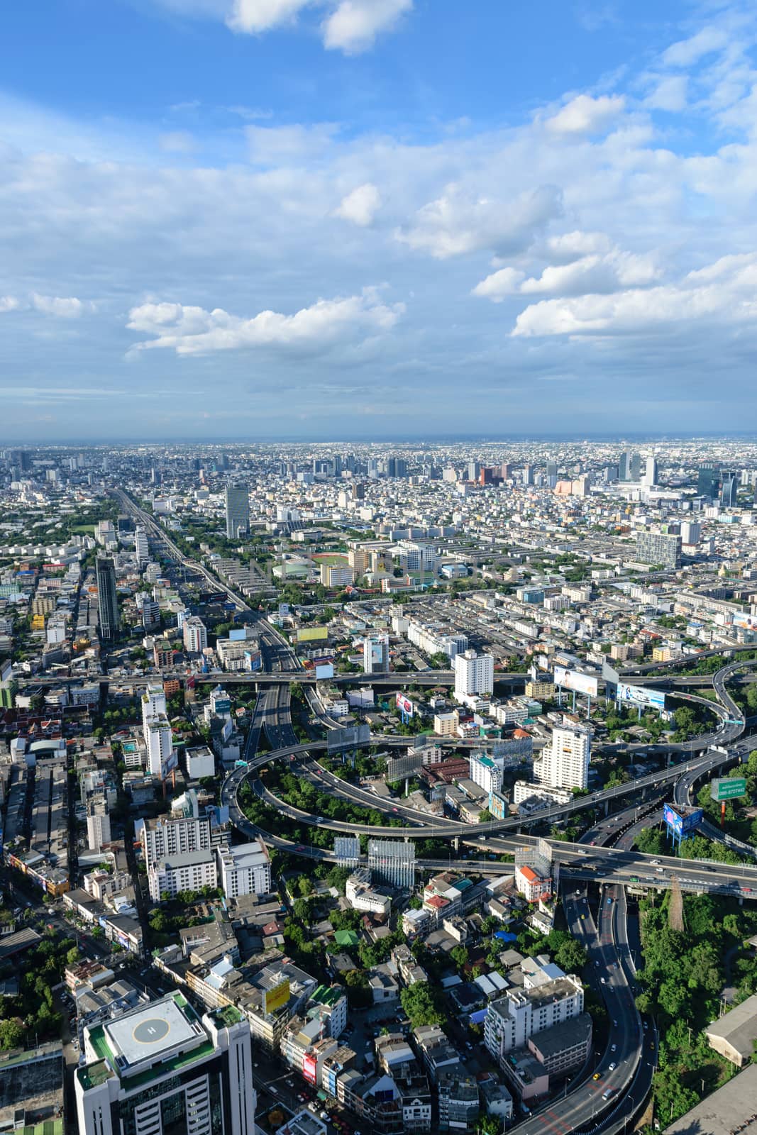 Bangkok Thailand expressway and skyline aerial view.