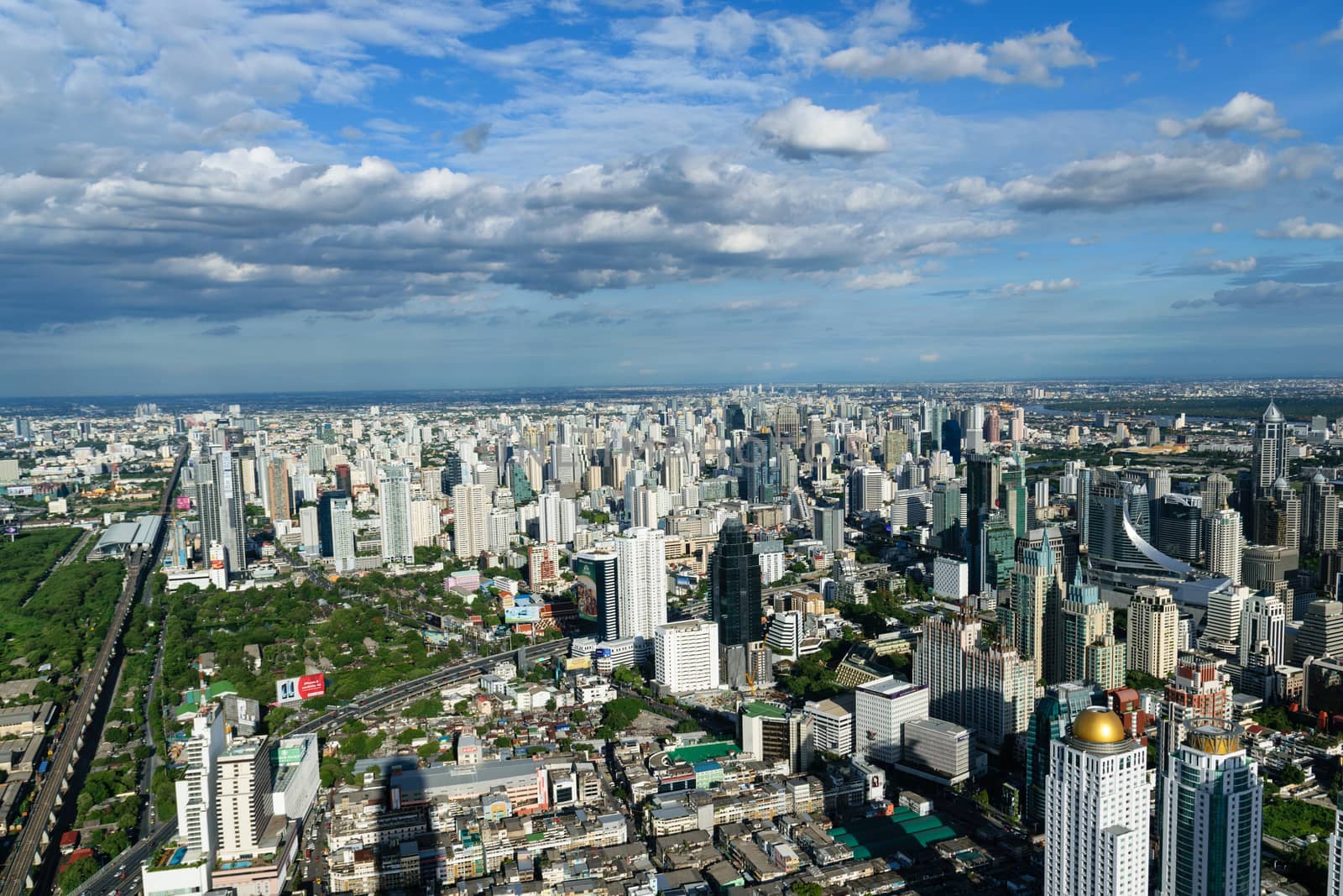 Bangkok Thailand expressway and skyline aerial view.