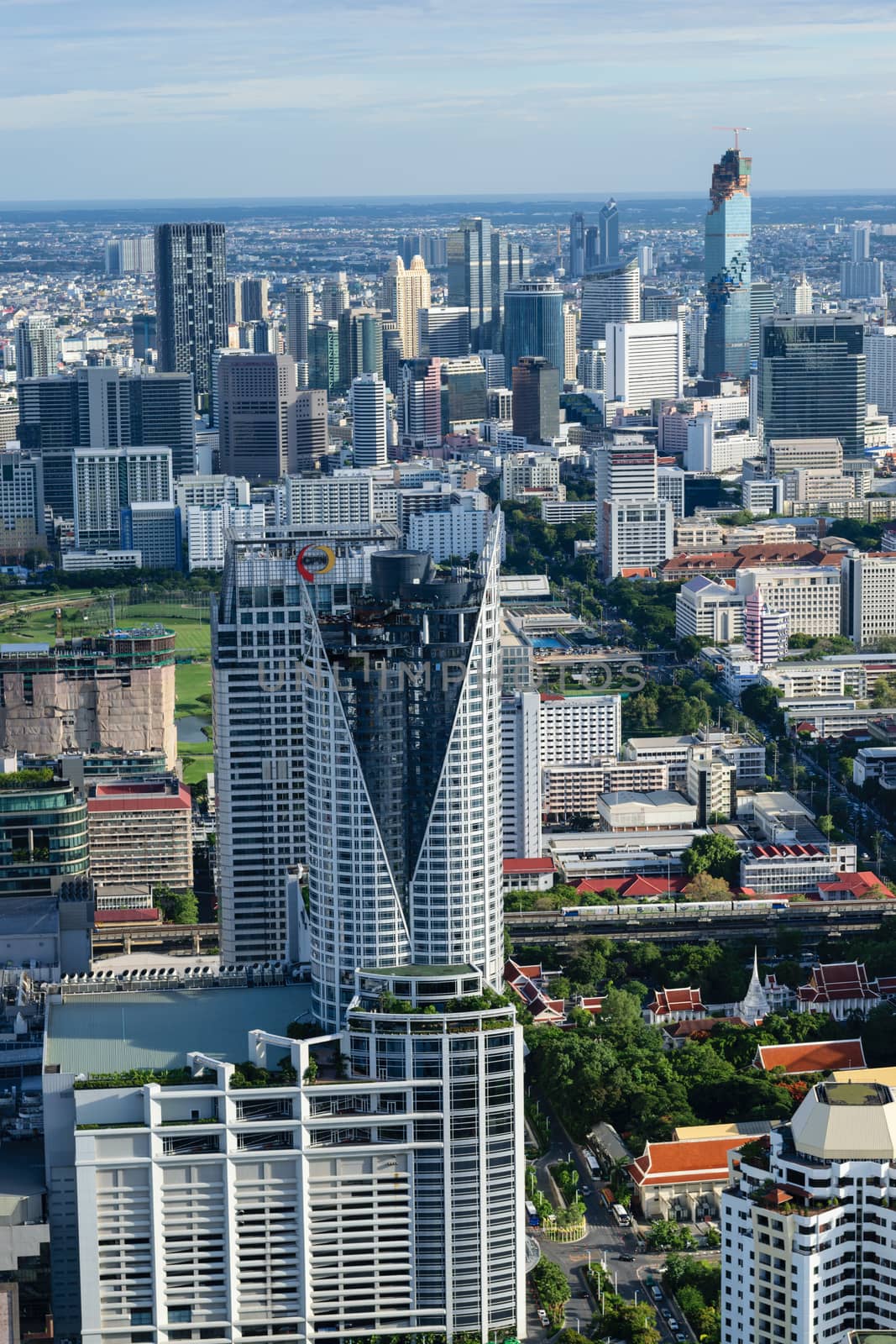 Bangkok Thailand expressway and skyline aerial view.