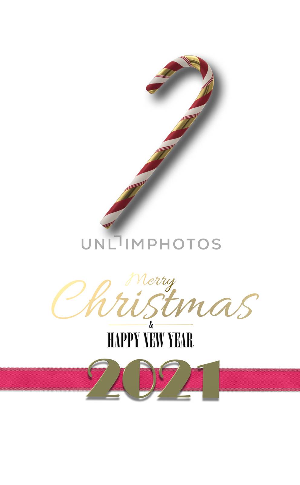 Christmas holiday background. 3D realistic Xmas symbol candy cane on white background. Ribbon with gold digit 2021. Text Merry Christmas Happy New Year. Vertical 3D illustration