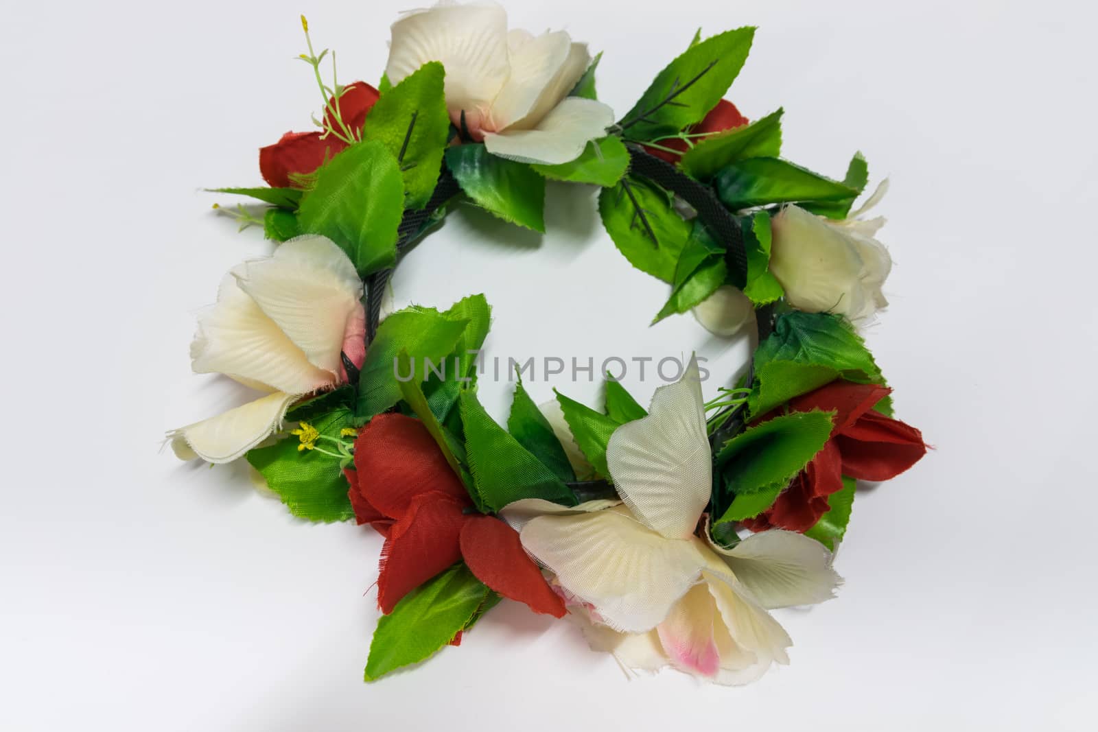 Colorful flower garland with white background.