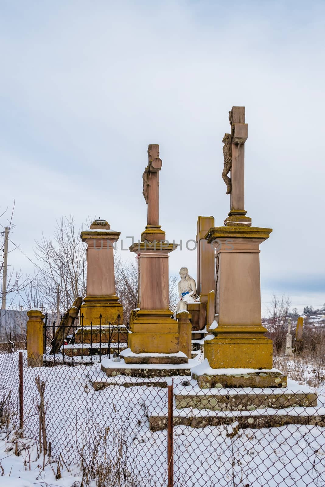 Mykulyntsi, Ukraine 01.06.2020. Grave of the Reyiv family and the Polish cemetery in Mykulyntsi village, Ternopil region of Ukraine, on a winter day