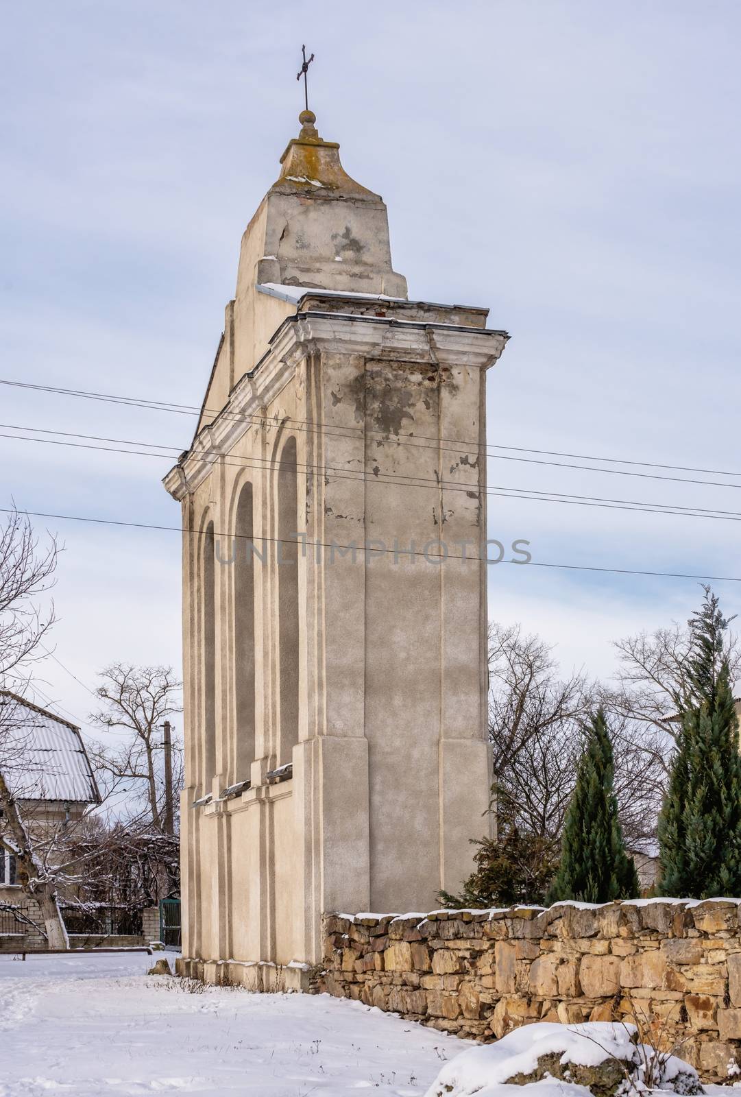 Mykulyntsi, Ukraine 01.06.2020. 18th century Baroque Trinity Church in Mykulyntsi village, Ternopil region of Ukraine, on a winter day