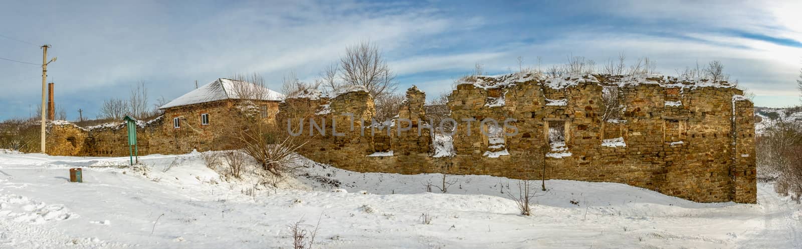 Mykulyntsi, Ukraine 01.06.2020. The ruins of the old castle in the village of Mykulyntsi, Ternopil region of Ukraine, on a winter day