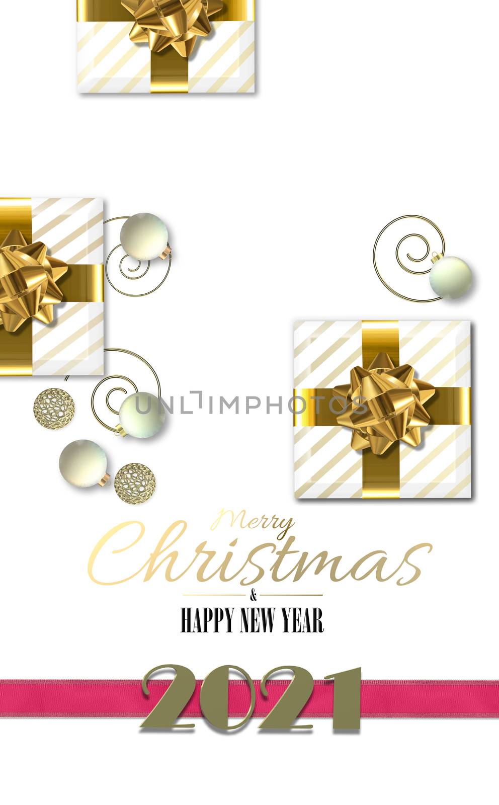 Elegant Christmas holiday card. 3D realistic Xmas gift boxes with golden bow, Xmas ball bauble on white background. Gold digit 2021 on pink ribbon. Text Merry Christmas Happy New Year. 3D illustration