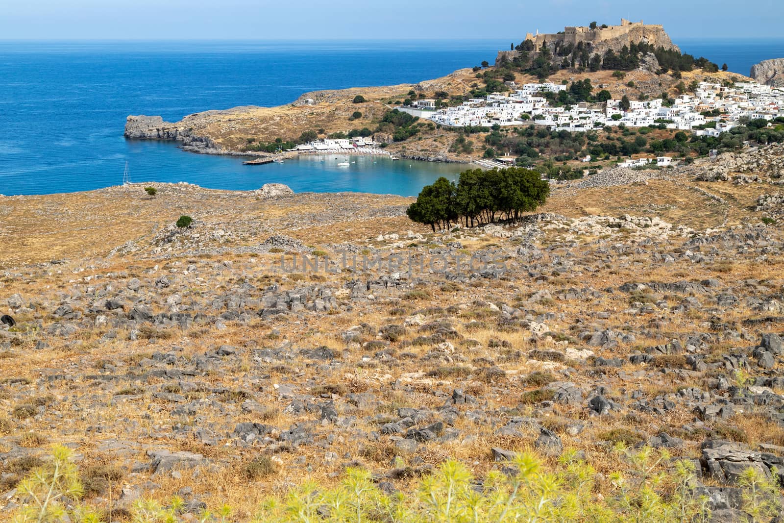 Scenic view at the city of Lindos with white houses, the antique Acropolis on top of the mountain and a bay on Rhodes island, Greece on a sunny day in spring