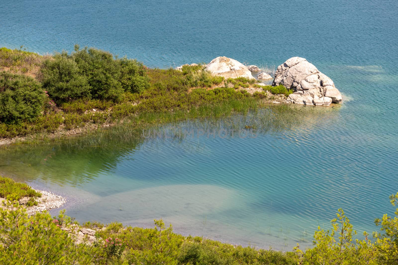 Scenic view at the Gadoura water reservoir on Rhodes island, Gre by reinerc