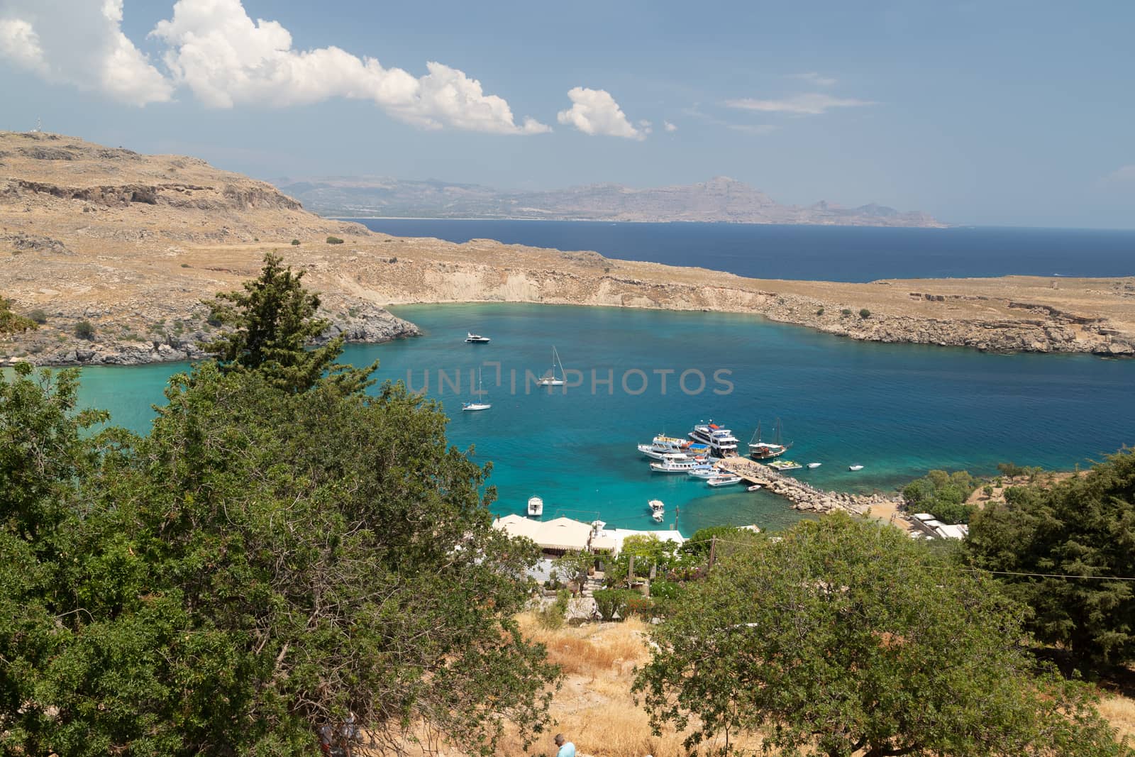 View on a beautiful bay from the acropolis of Lindos on rhodes island in greece