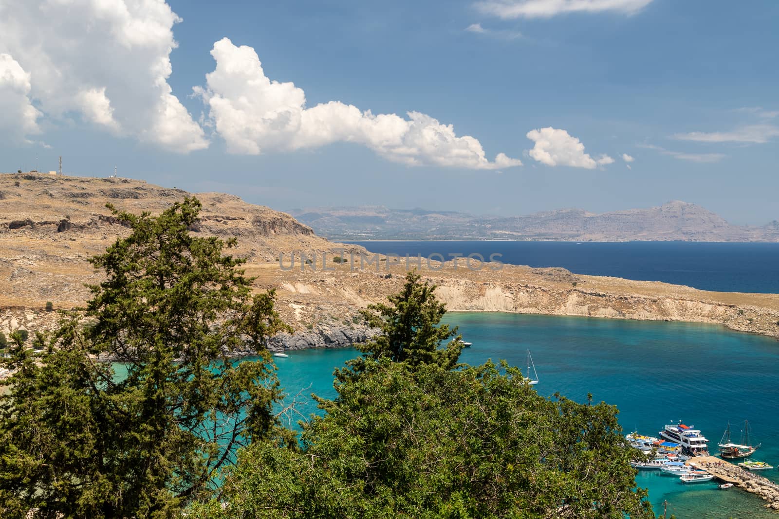 View on a beautiful bay from the acropolis of Lindos on rhodes island in greece