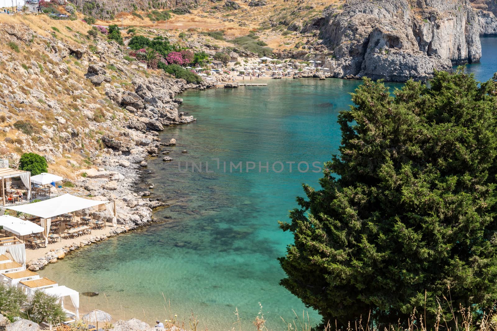 Scenic view at Saint Pauls bay in Lindos on Rhodes island, Greec by reinerc