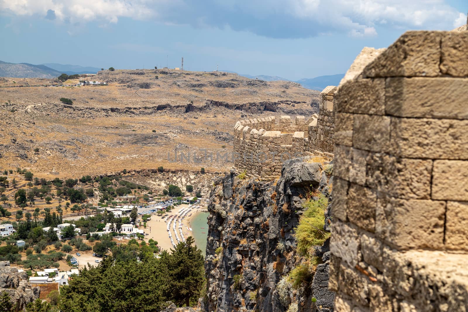 View from the acropolis at landscape around Lindos on Greek isla by reinerc