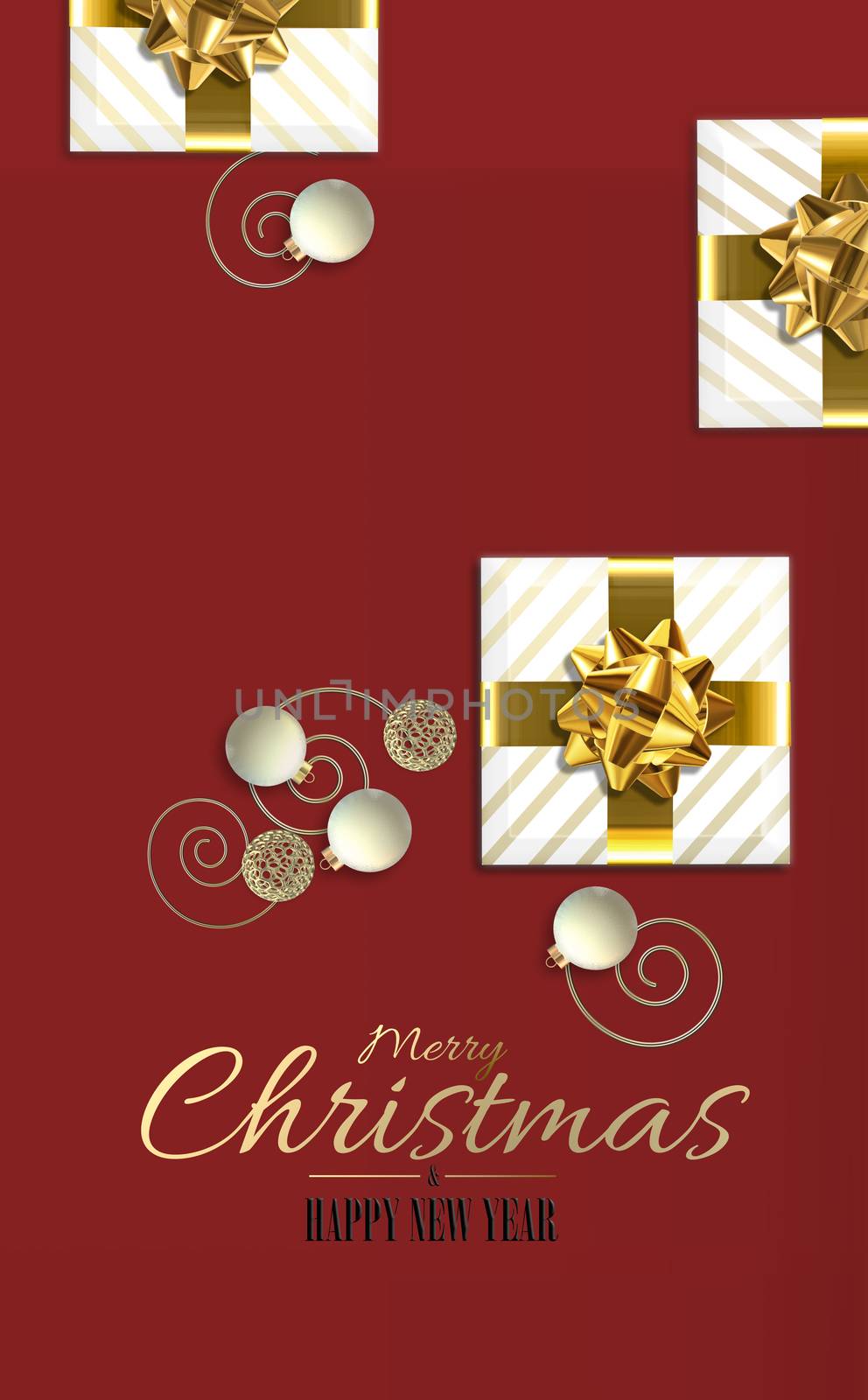 Christmas holiday design with golden Xmas gift boxes on red terracota background. 3D illustration