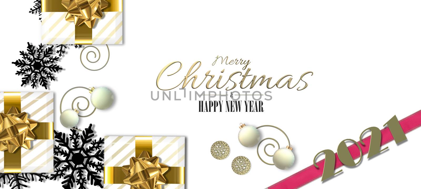 Christmas luxury design with Xmas 3D realistic gift boxes, snowflakes, gold digit 2021 on pink ribbon, Xmas balls on white background. 3D illustration. Copy space.