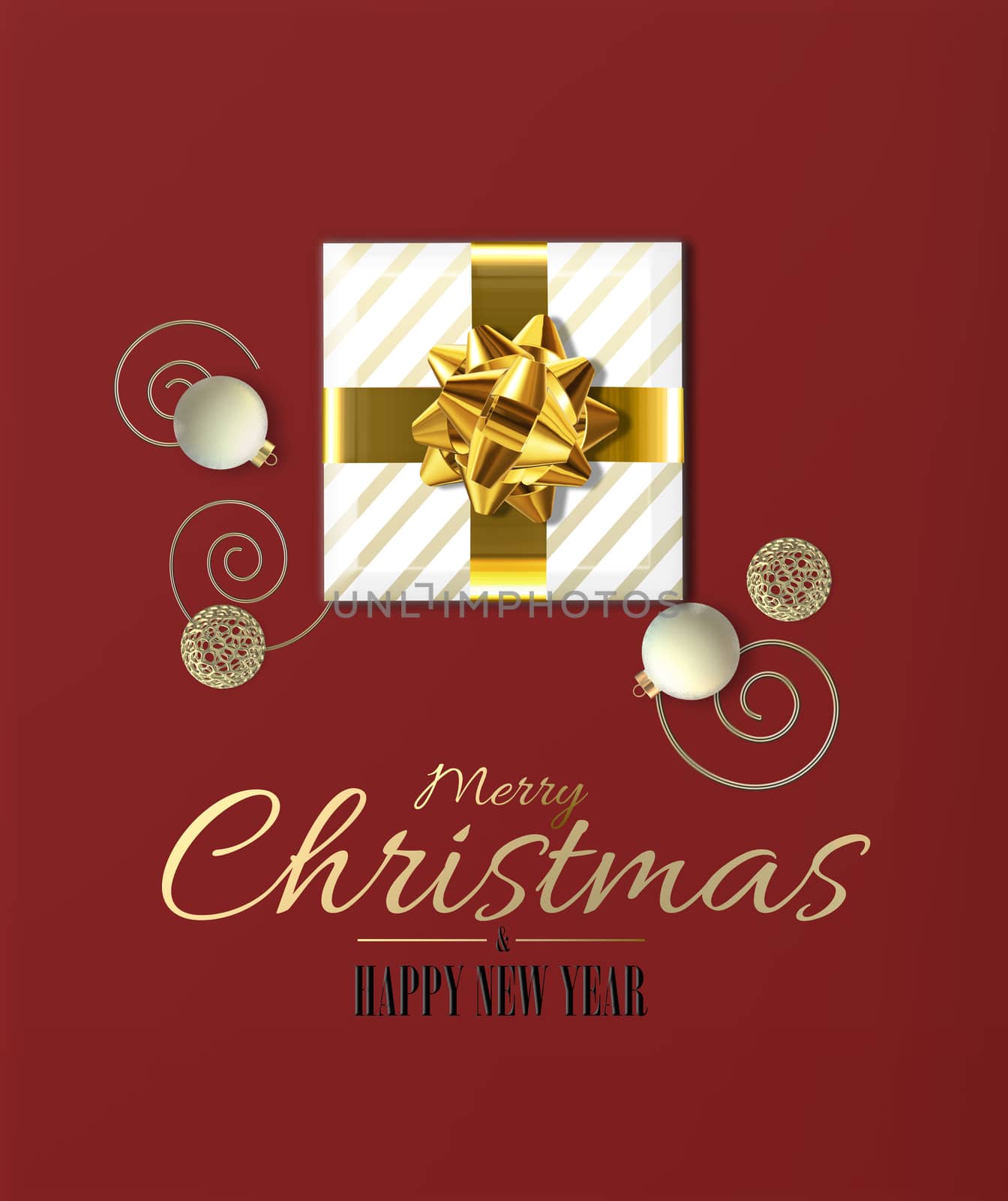 Christmas beautiful card with Xmas gift boxes, golden realistic balls on red background. Golden text Merry Christmas Happy New Year. 3D illustration.