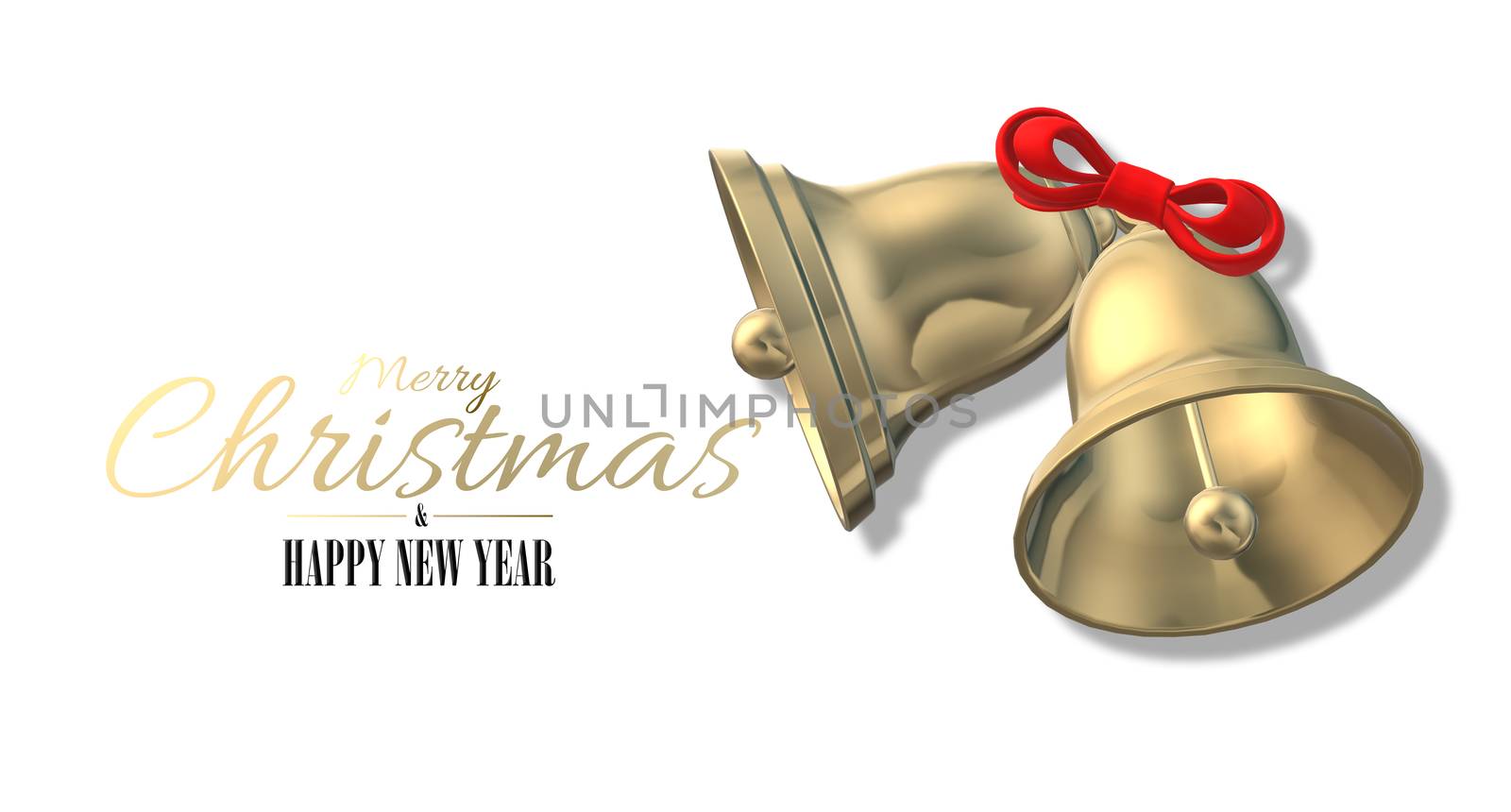 Christmas minimalist design with Xmas symbol. Close up Jingle bells with red bow on white background. Text Merry Christmas. 3D realistic design in 3D illustration