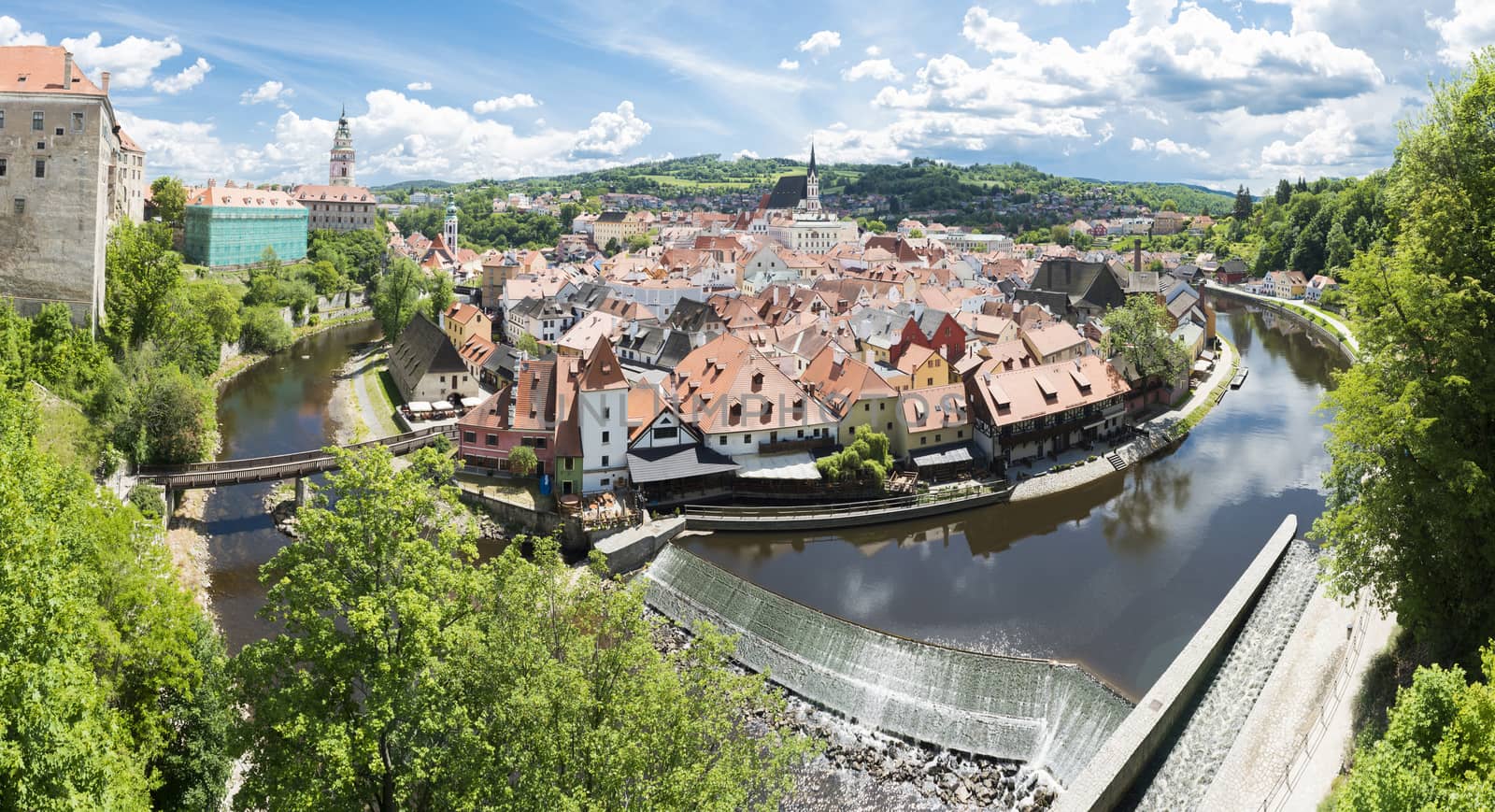 Panoramic view of bend of river Vltava and historical centre of beautiful Czech city Cesky Krumlov