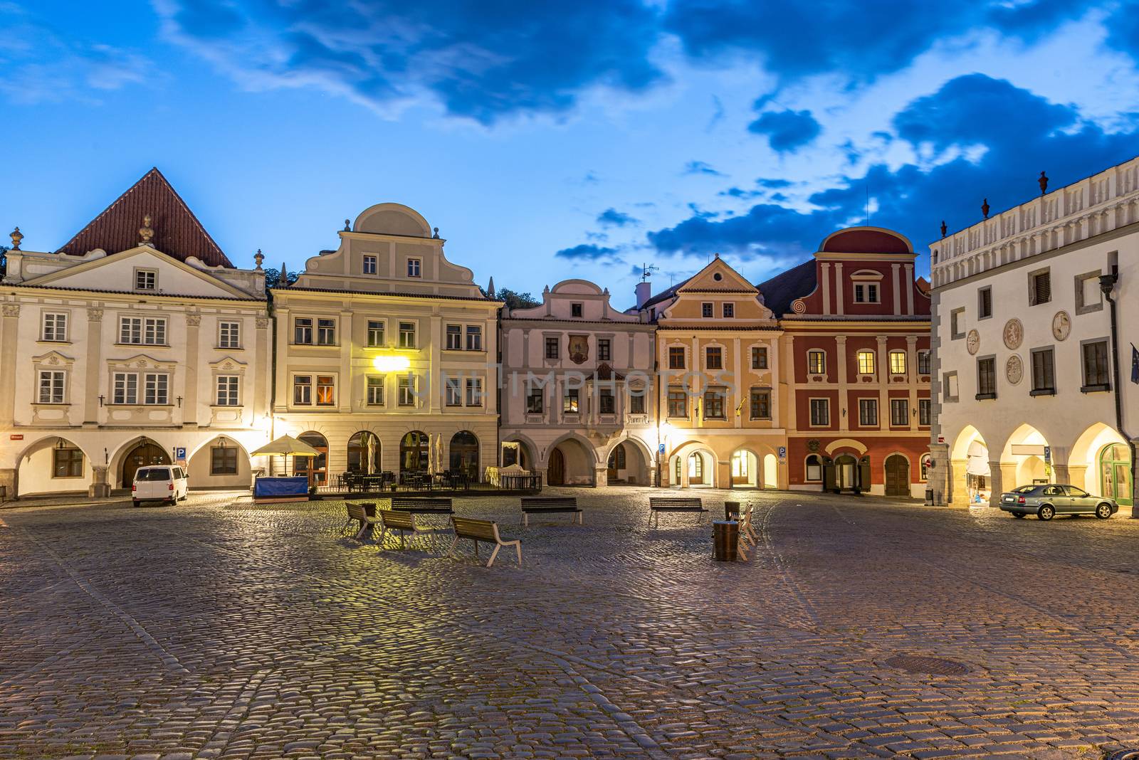 Photo of completly empty town square Svornosti (Namesti svornosti) in Cesky Krumlov early in the evening. This place is usually full of tourists from all around the world but covid-19 quarantine emptied this town totally. Czech Republic