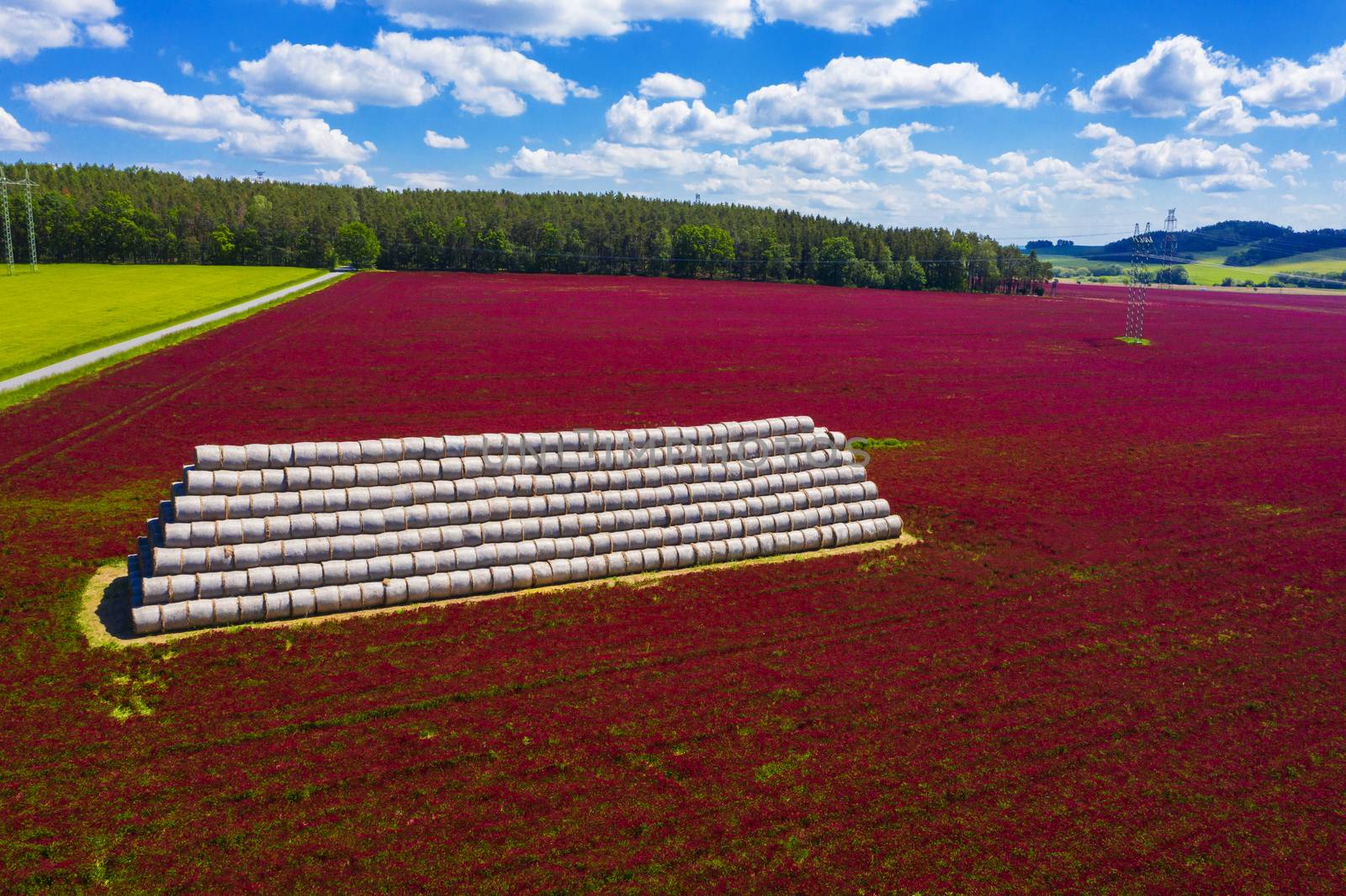 Red blooming crimson clover field (Trifolium incarnatum) surrounding pyramid of hay bales from above