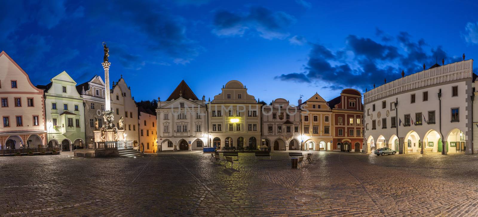 Empty town square in Cesky Krumlov early evening by fyletto