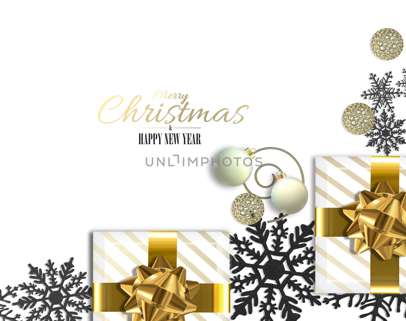 Xmas festive card with Christmas realistic gift boxes, black shiny snowflakes, Xmas balls baubles over white background. Copy space. Flat lay, 3D illustration