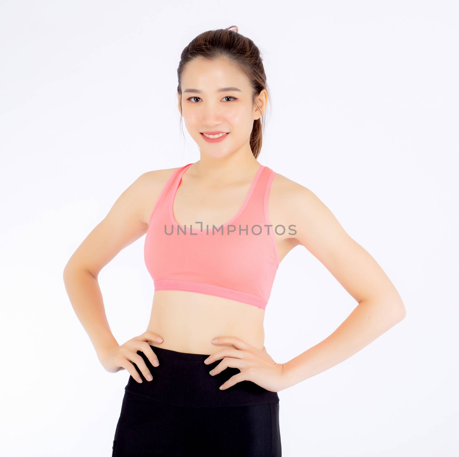 Beautiful asian woman in sport clothes and body diet and slim with measuring waist for weight isolated on white background, girl exercise have calories loss, health and wellness concept.