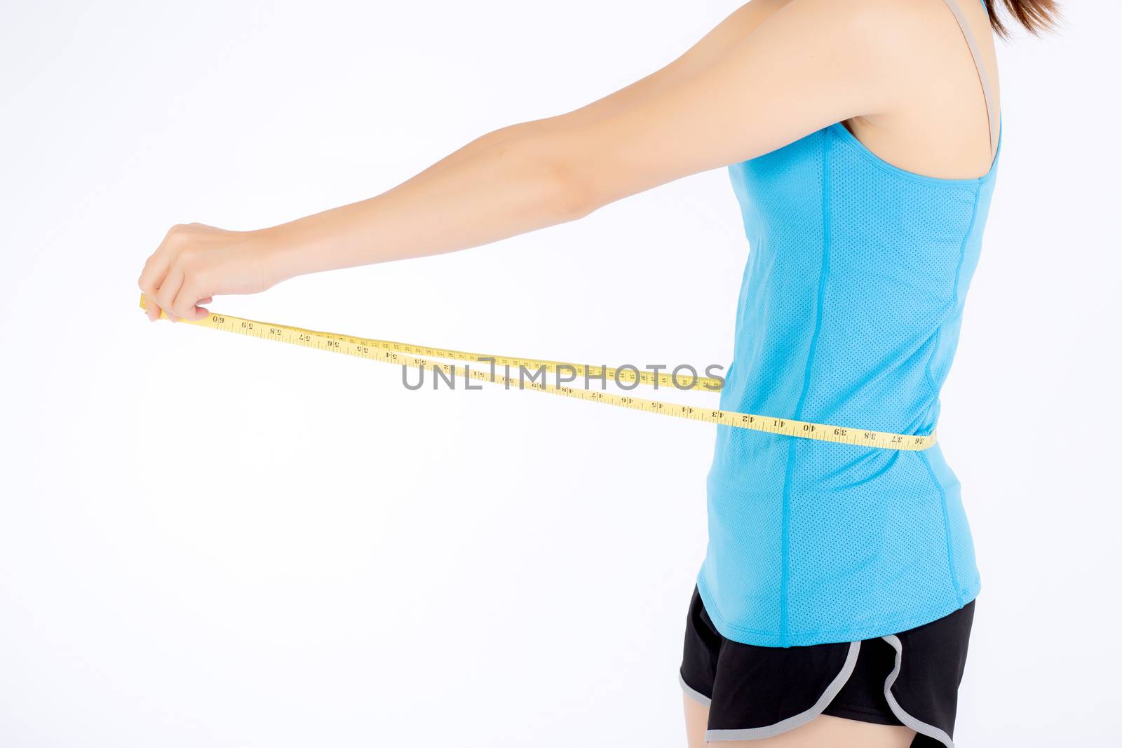 Asian woman in sport clothes and body slim with measuring waist for weight isolated on white background, girl exercise have cellulite and calories loss with tape measure, health concept.