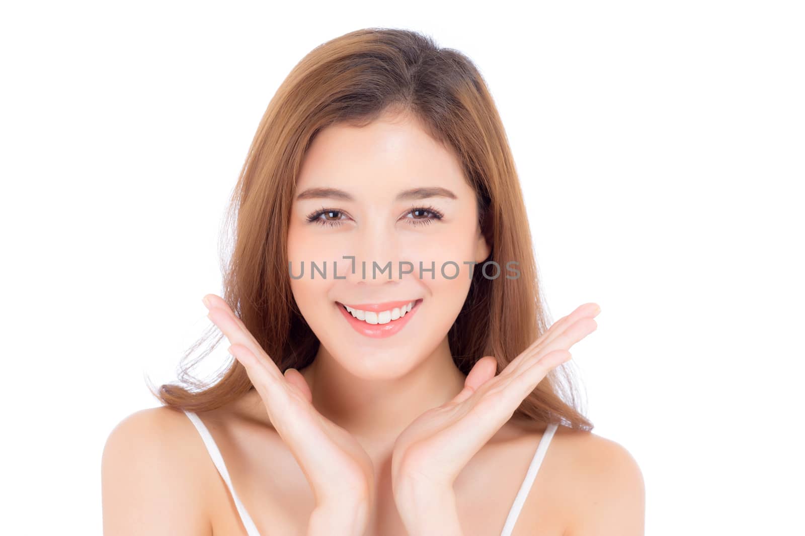 Portrait of beautiful asian woman makeup of cosmetic, girl smile attractive, face of beauty perfect with wellness isolated on white background with skin healthcare concept.