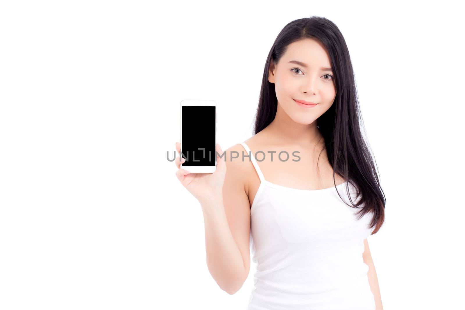 Beautiful of portrait woman with smile and happy showing smart mobile phone isolated on white background, presenter holding telephone, communication concept.