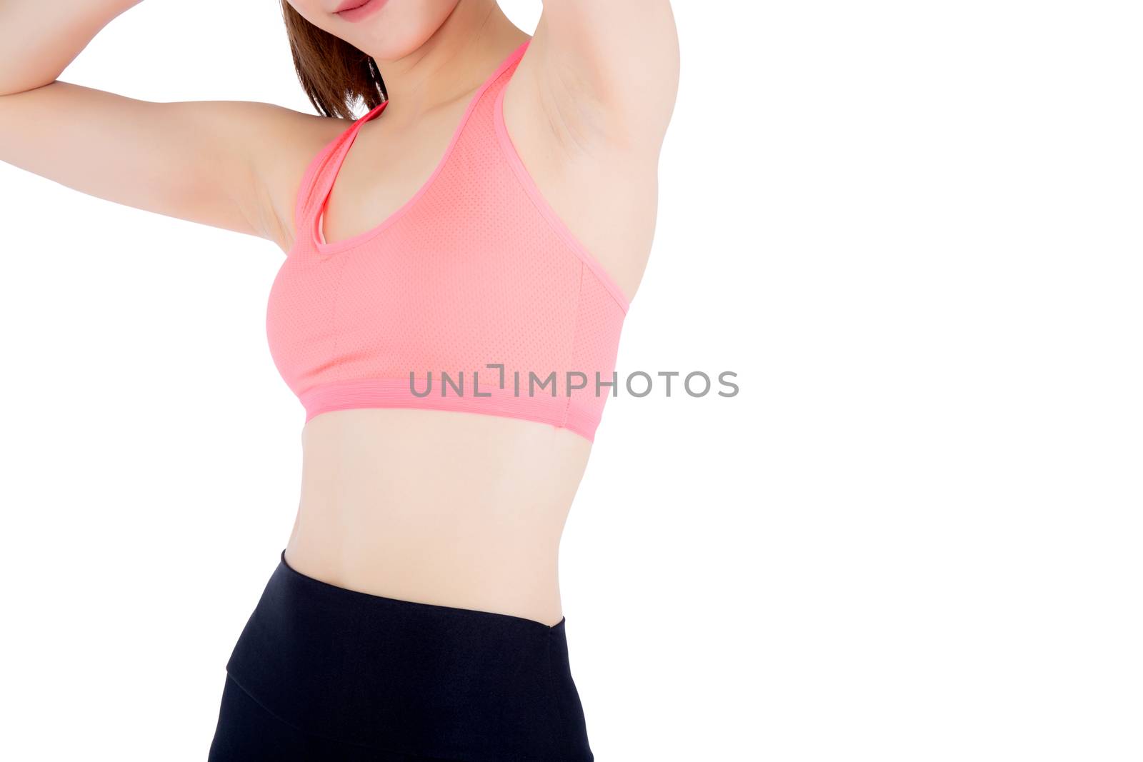 Closeup asian woman wear sport clothes beautiful body diet with fit isolated on white background, model girl exercise for weight slim with calories, health and wellness concept.