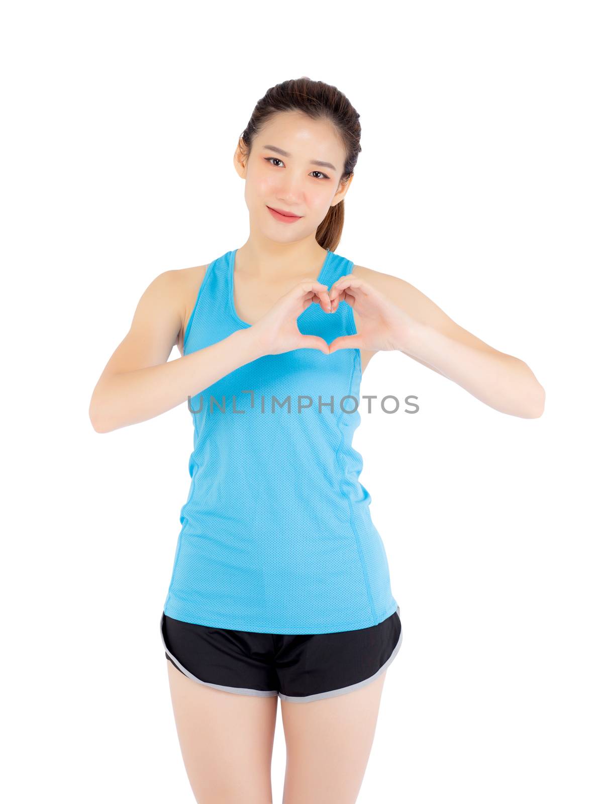 Beautiful portrait young asian woman wear sport clothing hand gesture heart shape with confident isolated on white background, girl asia have wellness, exercise for fit with health concept.