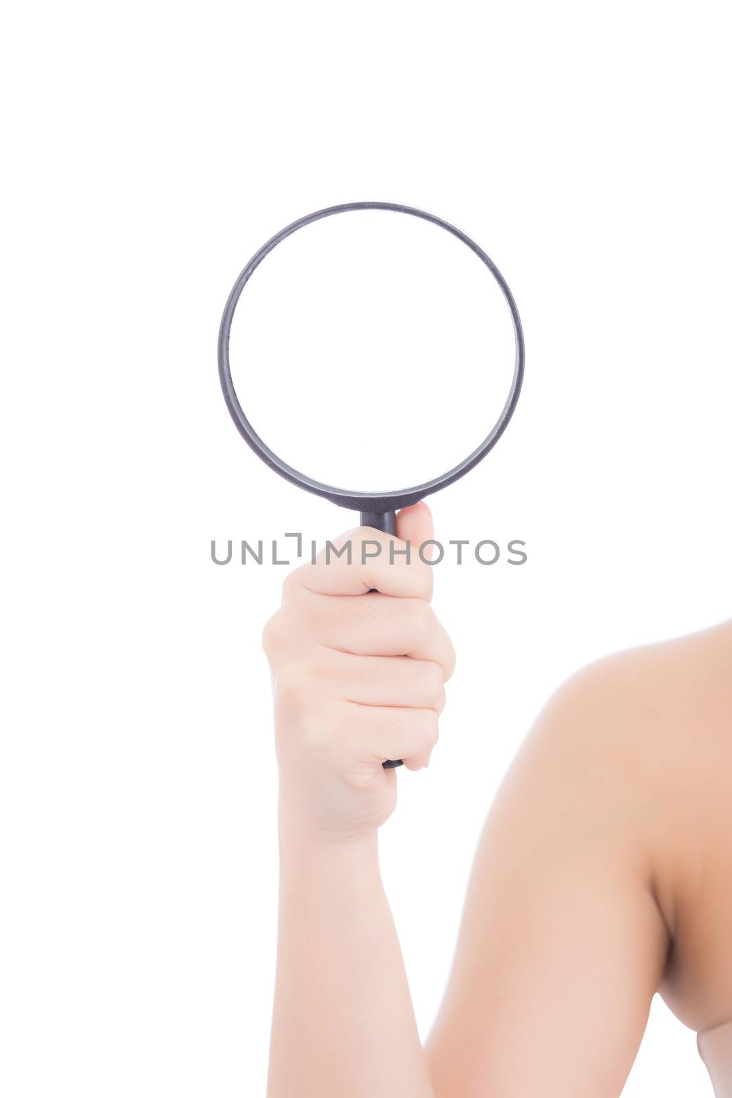Closeup hand woman holding magnifying glass isolated on white ba by nnudoo